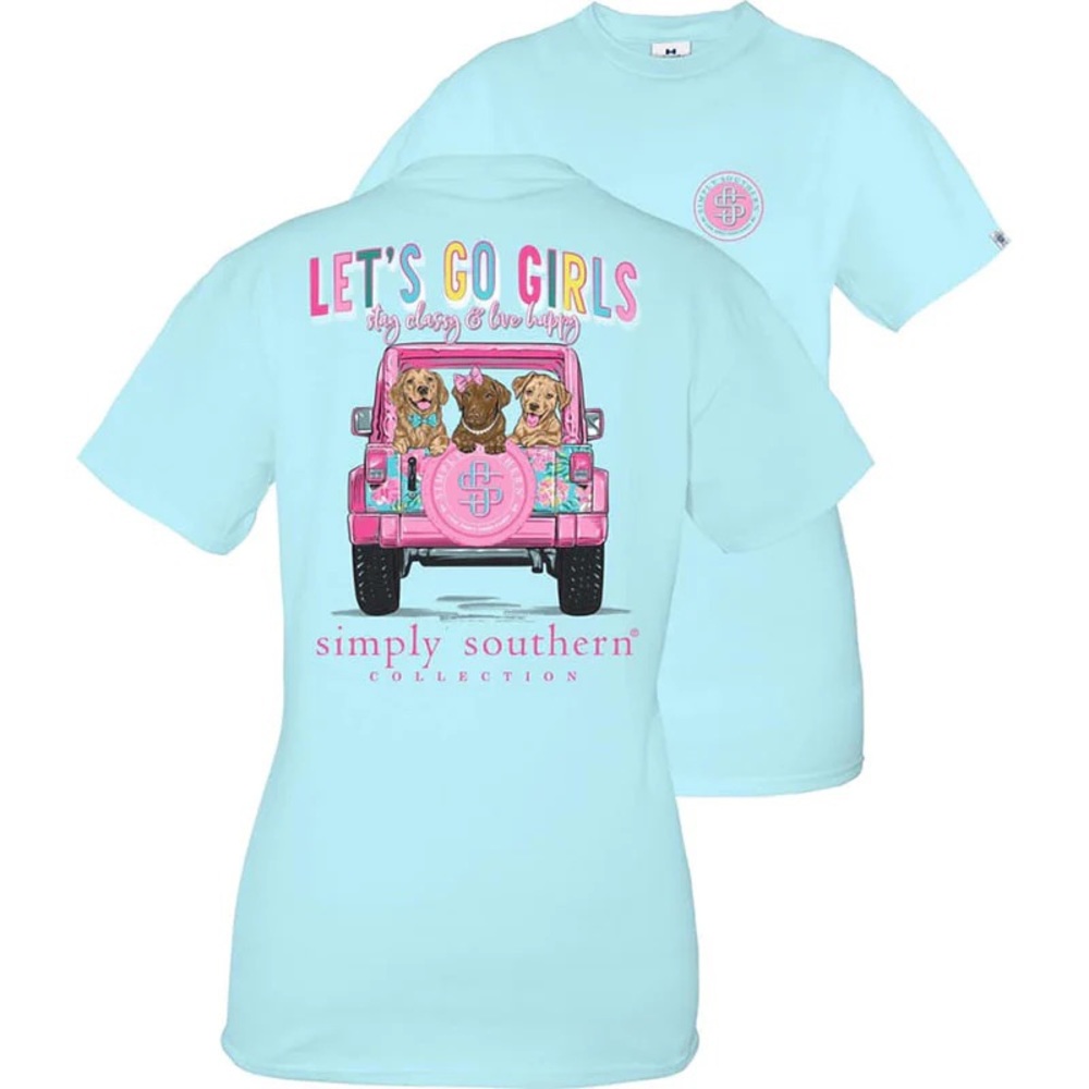 NWT Simply Southern blue pink jeep with dogs “let’s go girls” phrase graphic tee